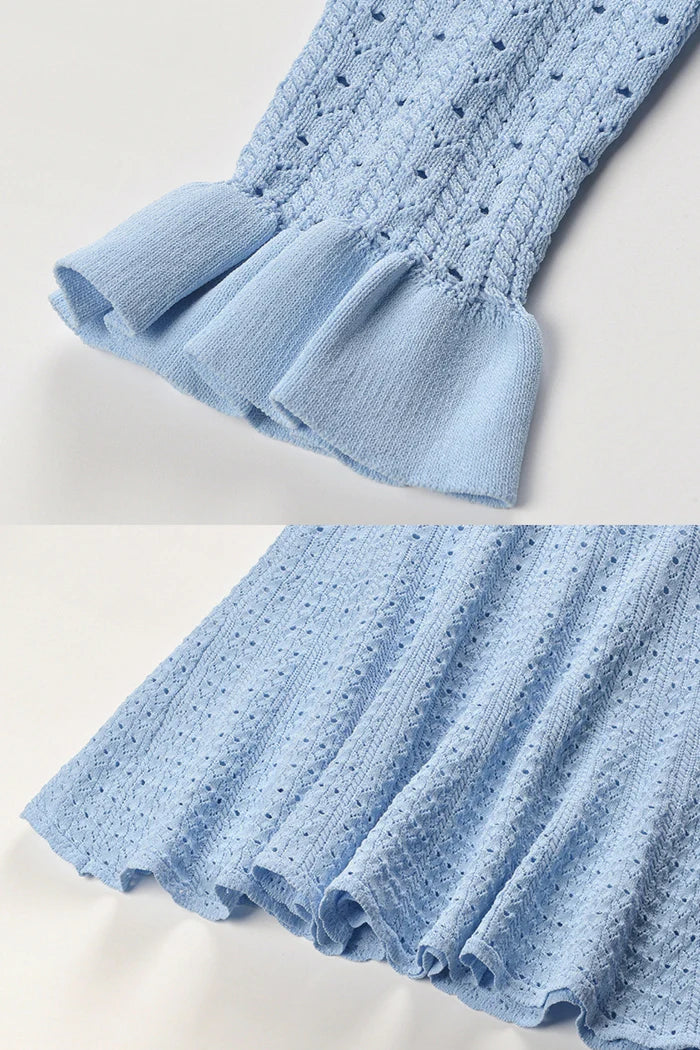 Knit Mini Dress with Peplum Waist and Gold Button Detail - Light Blue