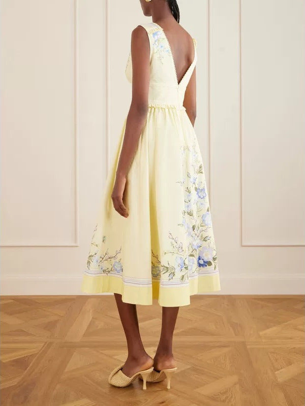 Floral Print Sleeveless V-Neck Backless Dress