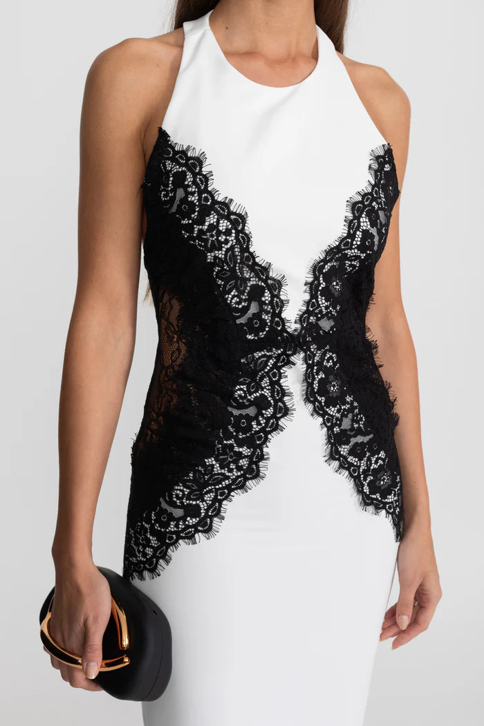 Halter Maxi Dress with Contrast Lace Panels – White