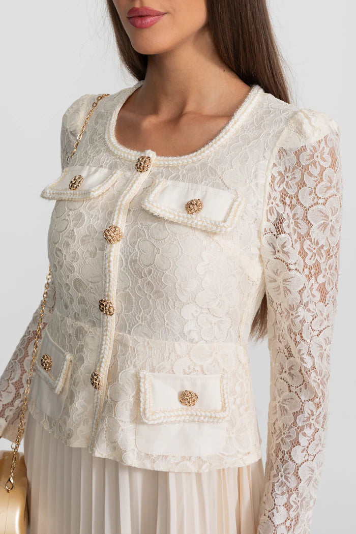 Lace and Pleated Midi Dress with Gold Button Detailing - Ivoire