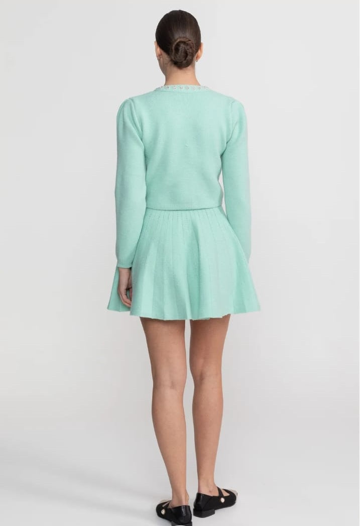 Knit Co-Ord Set With Long Sleeve Cardigan And Matching Mini Skirt -Blue