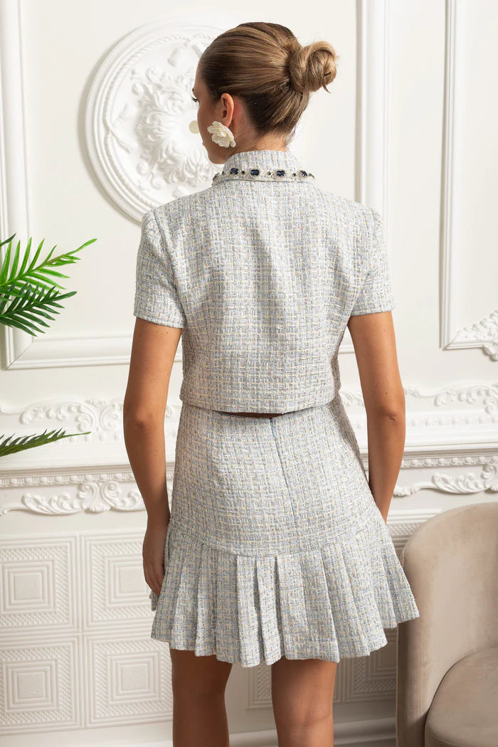 Beaded Collar Tweed Mini Dress with Pleated Hem - Sky Blue