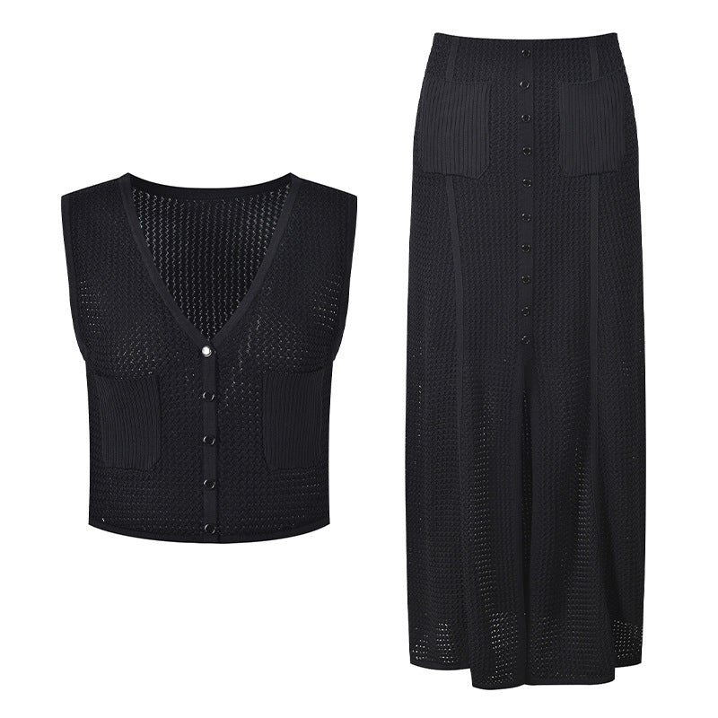 Black V-Neck Sleeveless Vest + Slit Skirt Two-Piece Set