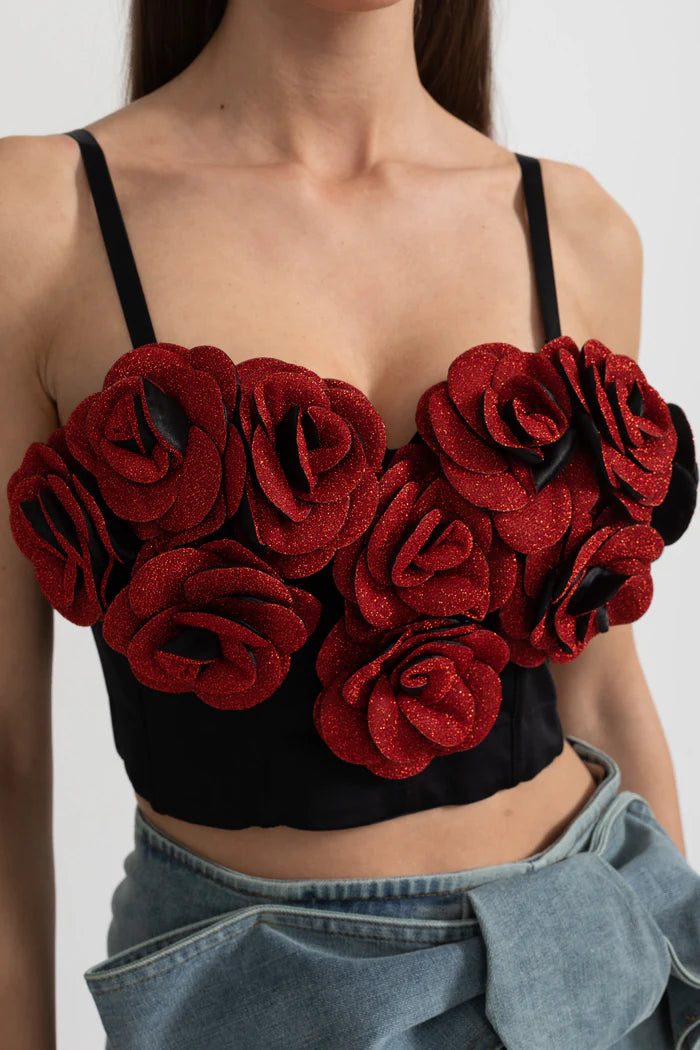 Corset Top with Red 3D Rose Appliqués - Black