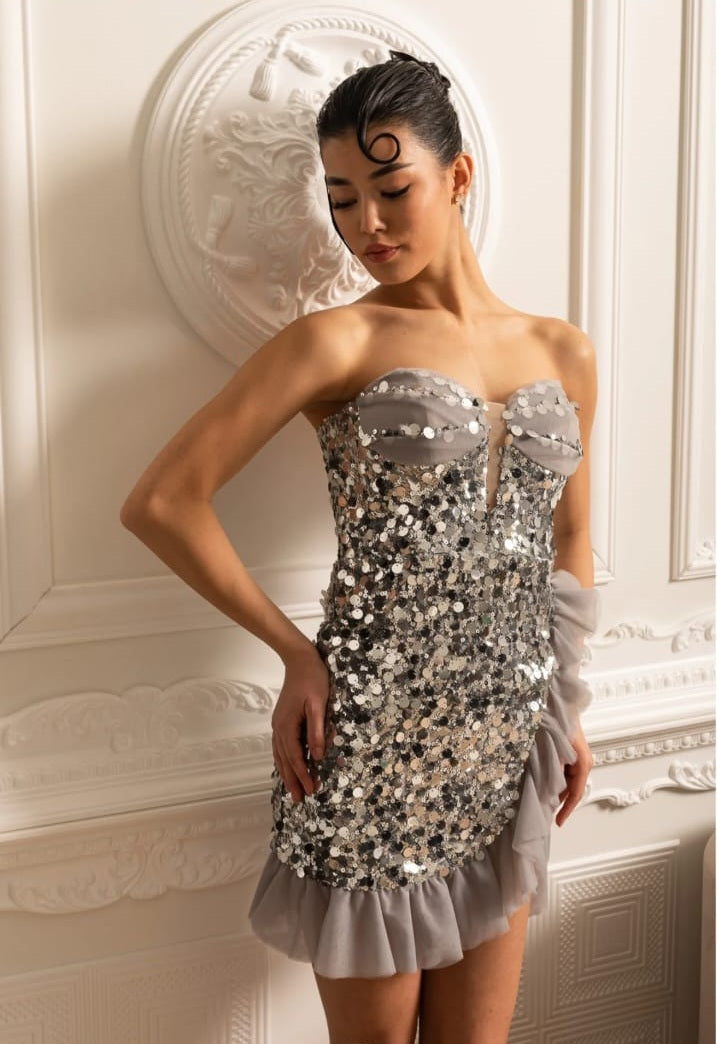 Strapless Sequin Mini Dress With Ruffled Hem And Side Slit - Silver
