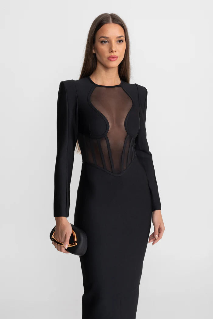 Maxi Dress with Sheer Corset Bodice and Structured Shoulders - Black