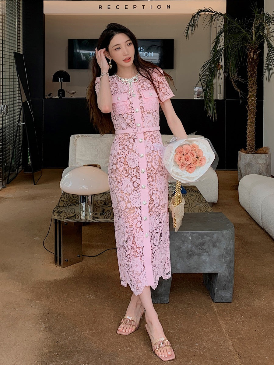 Rosa Spitze hoch taillierter schlankes Maxikleid