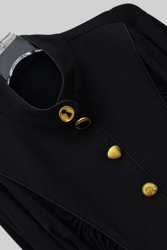 Velvet Maxi Dress with Gold Statement Buttons - Black