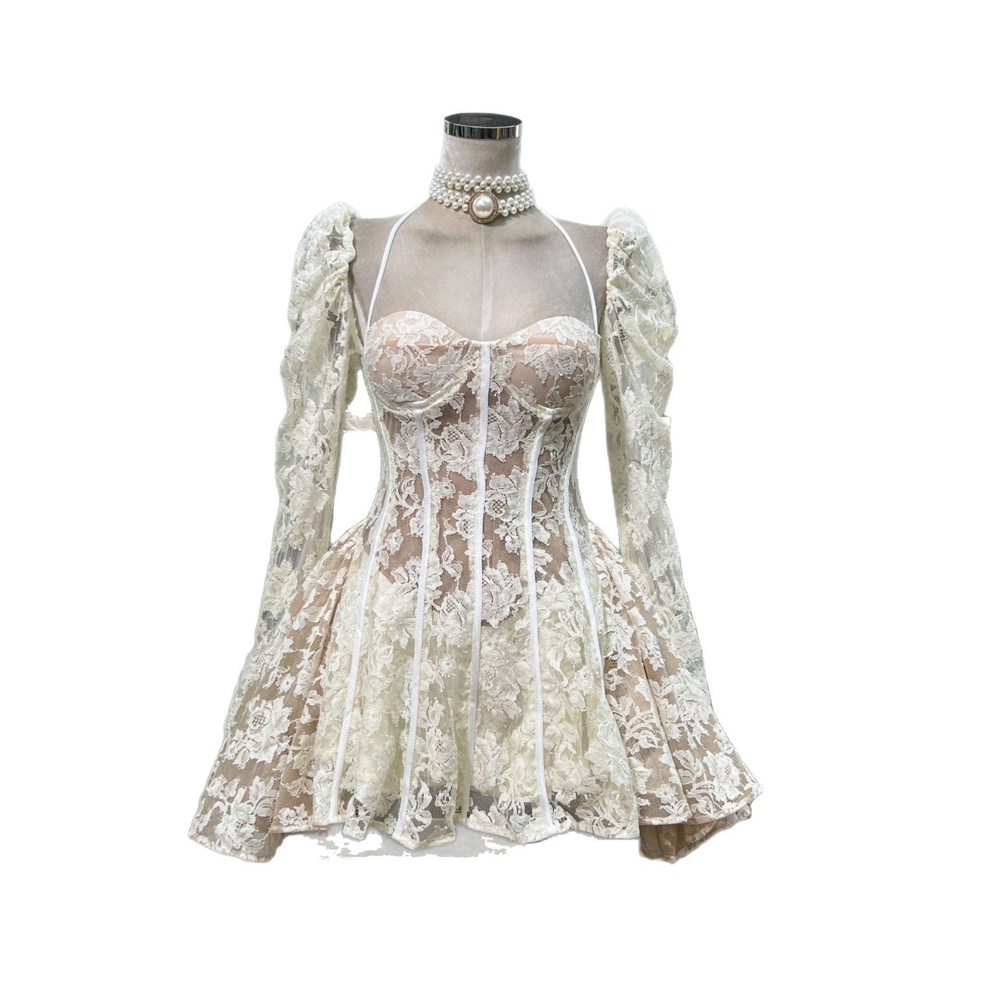 Fishbone Carved Lace Ultra-short dress