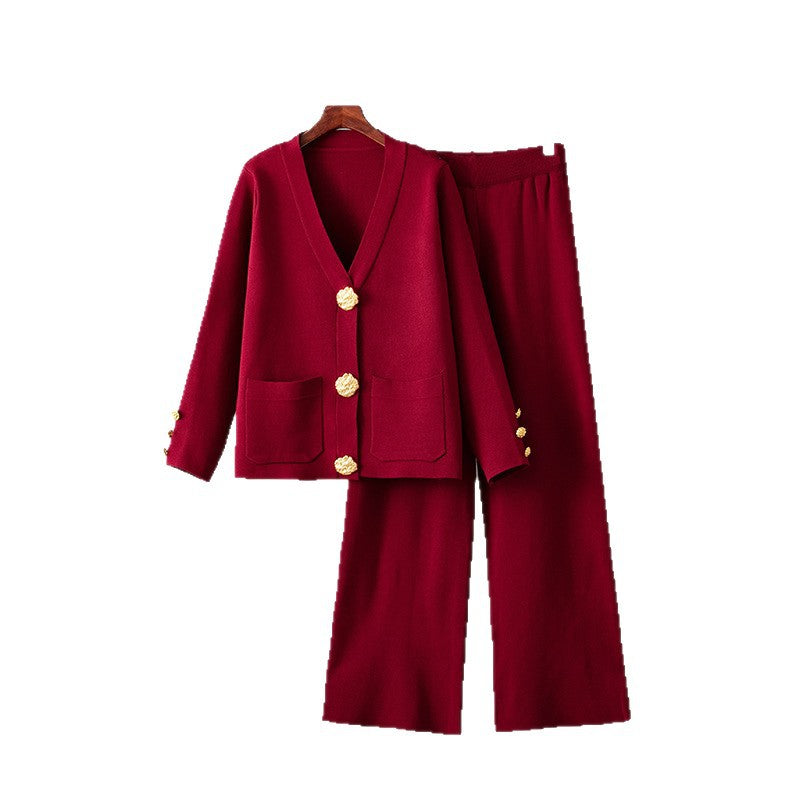 Metal buckle knitted cardigan sweater wide-leg pants set