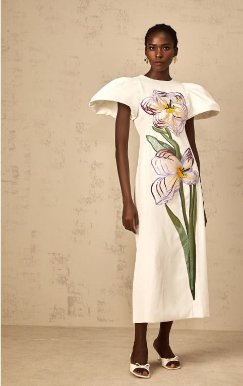 Irène White Sequin Floral Embroidered Midi Dress