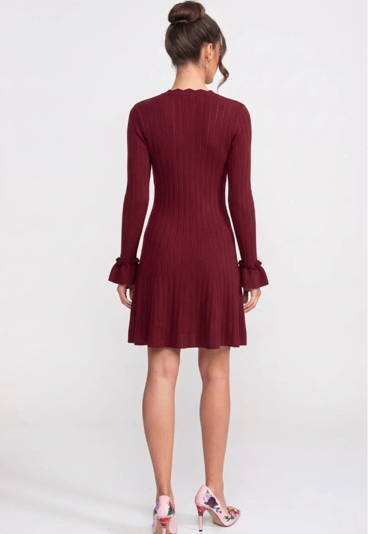 Long-Sleeve V-Neck Knit Mini Dress With Ruffle Hem And Bow Cuffs - Burgundy
