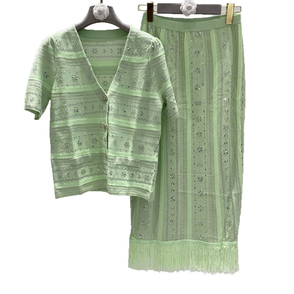 V-Neck Cardigan + Long Tassel Two-Piece Set