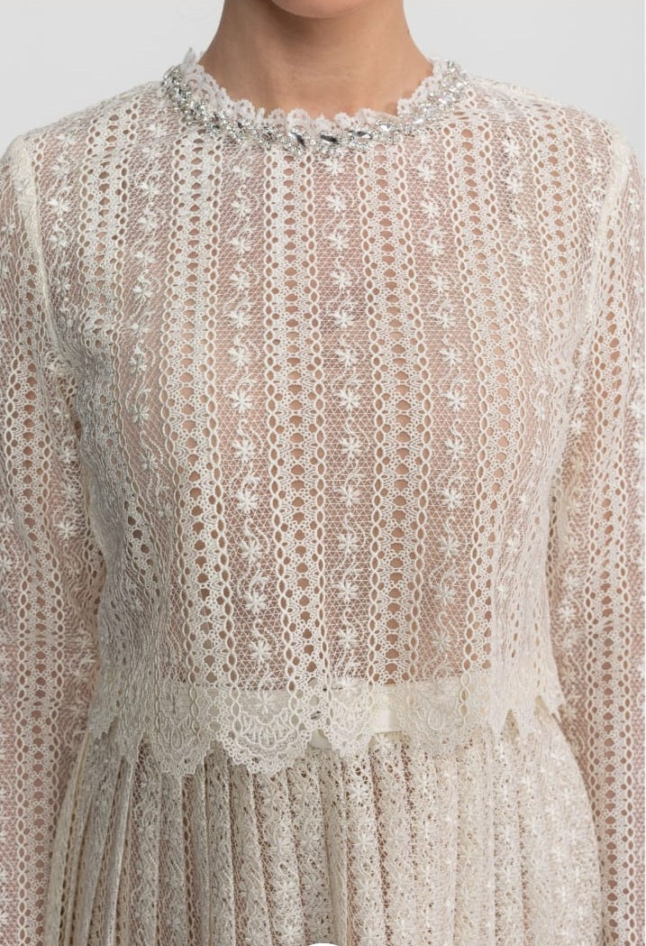 Lace Mini Dress With High Neck And Pleated Skirt - Ivory