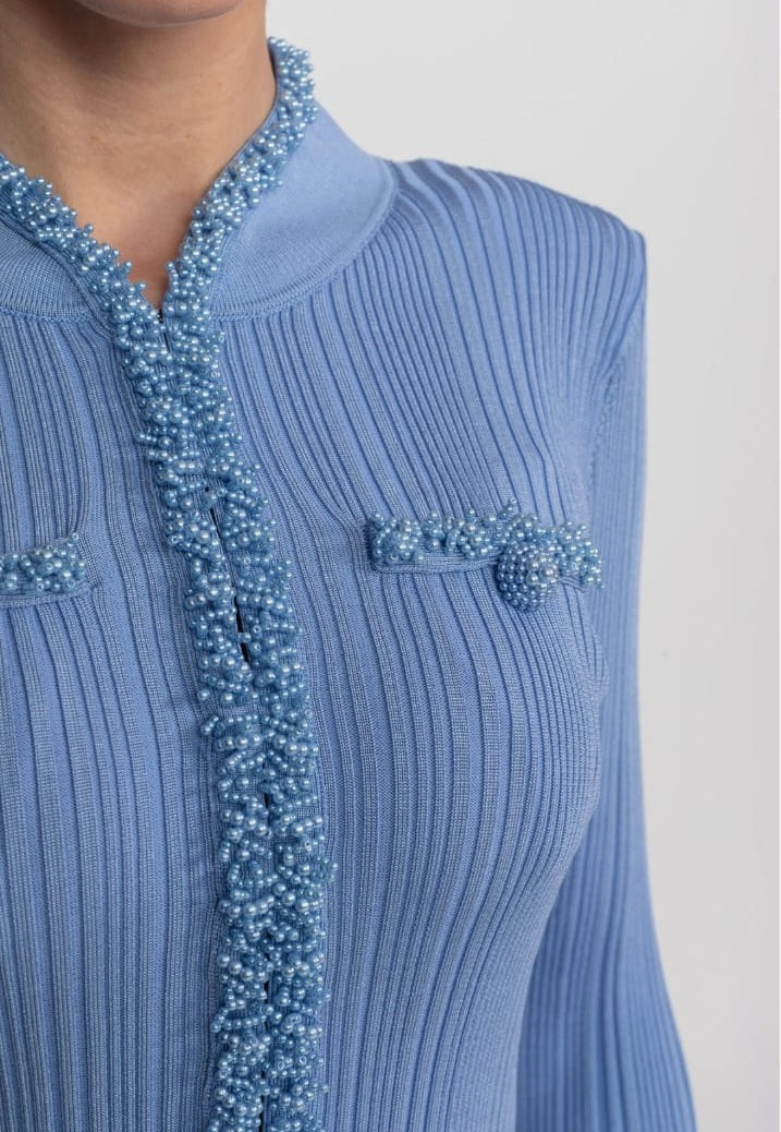 Ribbed Knit Mini Dress Trim Detailing - Blue