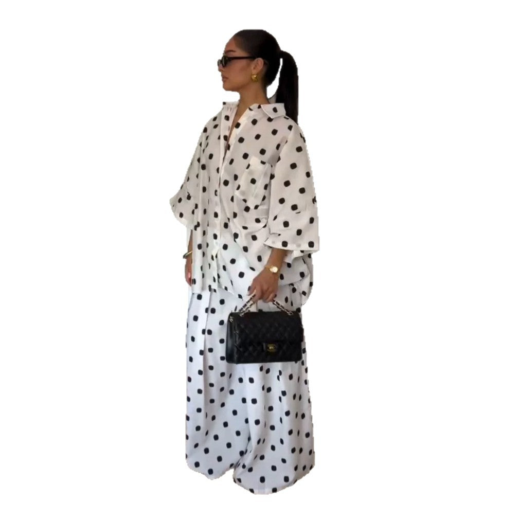 polka dot loose plus-size shirt wide-leg pants two-piece set