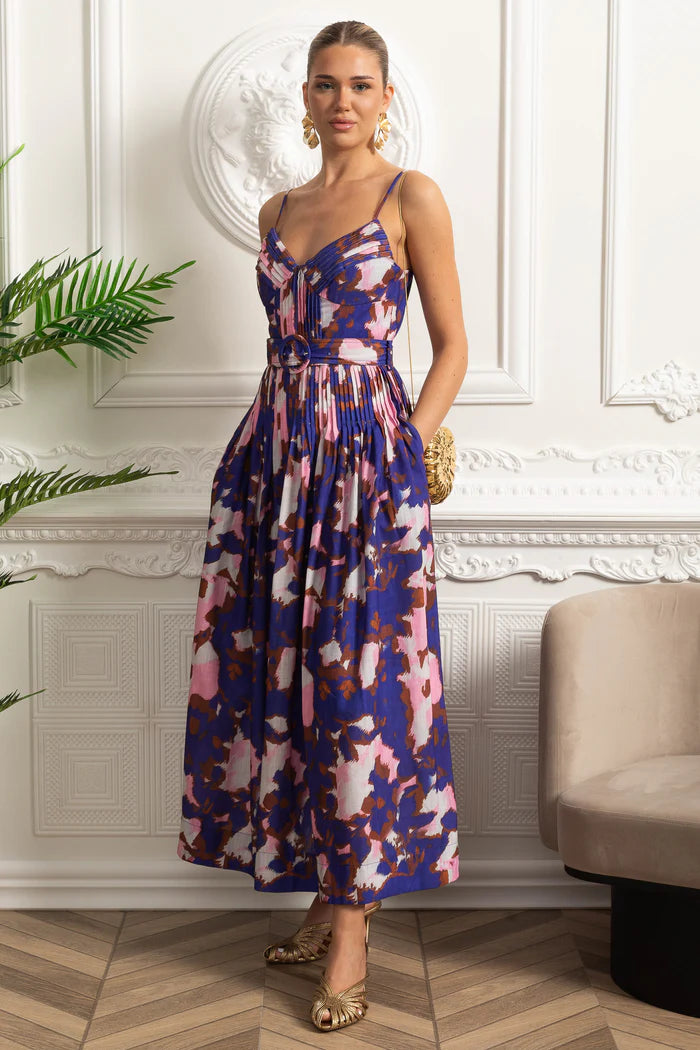 Pleated Bust Belted Midi Dress with Spaghetti Straps - Purple