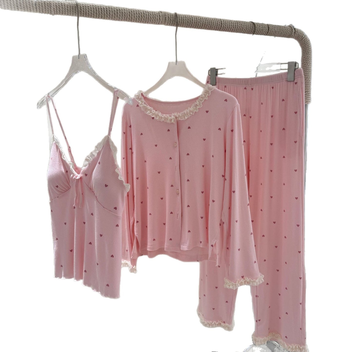 Lace Trim Pajamas Three-Piece Set