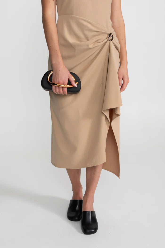Draped Halter Midi Dress With Asymmetric Drape Detail – Nude