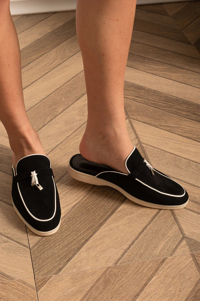 Suede Loafers With Contrasting Sole And Metal Charms - Black/White