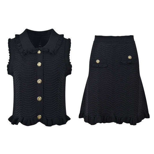 Polo neck black knitted vest vest + skirt age reduction suit