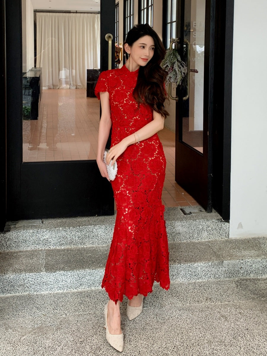 Dreidimensionales schweres Spitzenfischschwanz langes Kleid