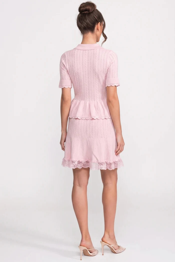 Polo-Collar with Button Top and Mini Skirt Set - Pink