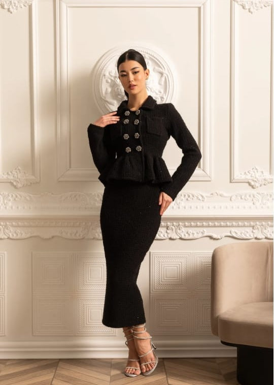 Knitted Textured Dress With Peplum Waist And Decorative Buttons - Black
