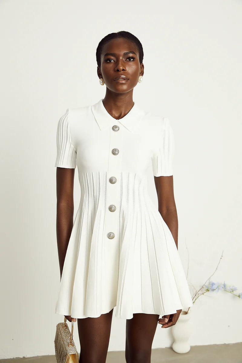 Émilie white flared ribbed mini dress