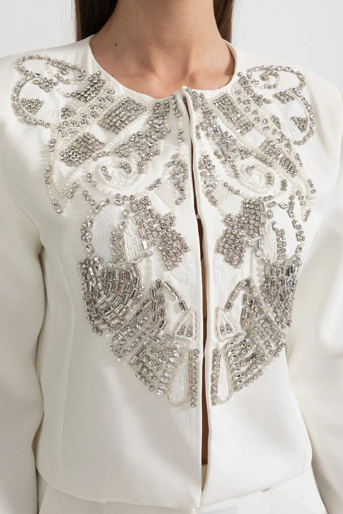 Embellished Jacket and Wide-Leg Trousers Co-Ord Set with Ornate Beadwork - White