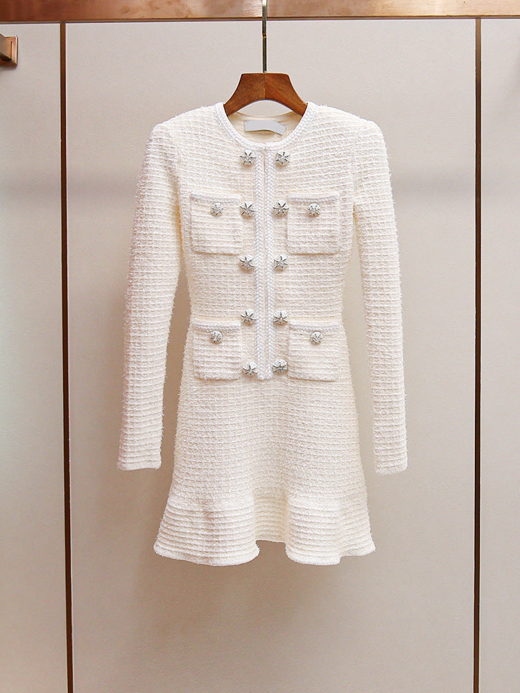 Diamond Pocket Slim Longärmelte Strickkleid