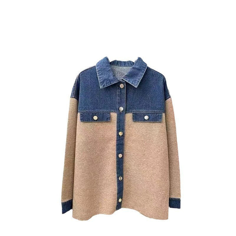 Denim stitched lapel knitted jacket women