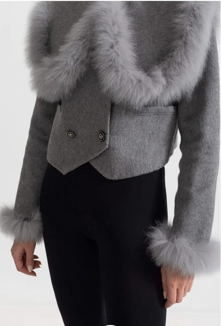 Double Breasted Cropped Jacket With Fur Collar Embellishment - Gray