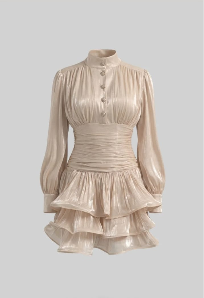 Long Sleeve Draped Mini Dress with Layered Ruffle Skirt - Champagne