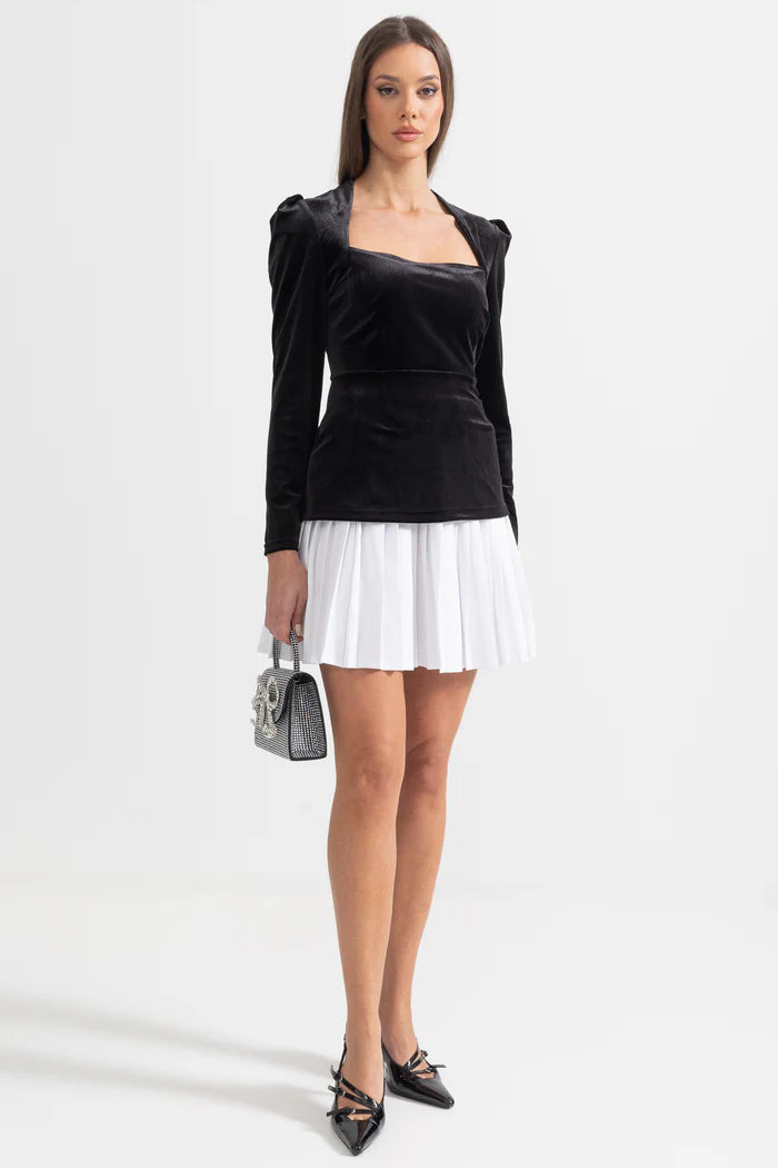 Two-Piece Velvet Ensemble With Contrasting Pleated Skirt - Black