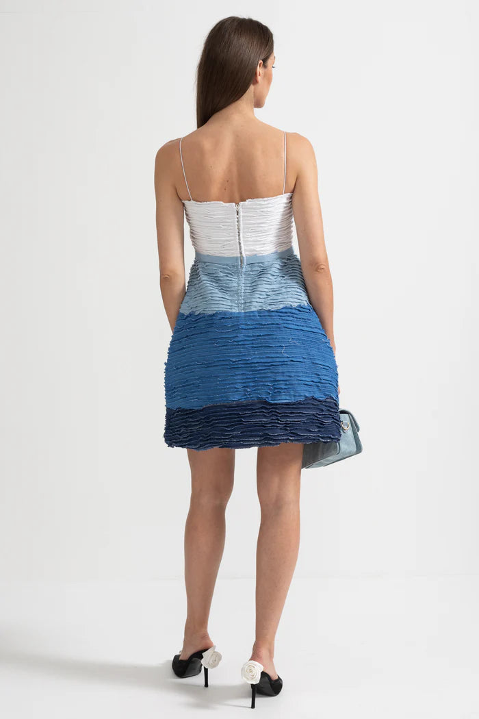 Ombre Mini Dress with Textured Layered Fabric - White/Blue