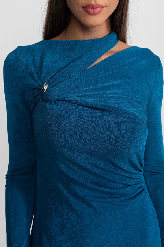 Draped Maxi Dress with Cut-Out and Elegant Detail - Teal