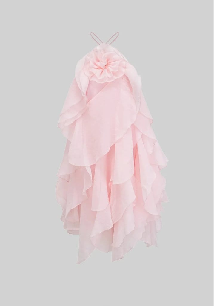 Tiered Ruffle Mini Dress With 3D Floral Halter Neck - Pink