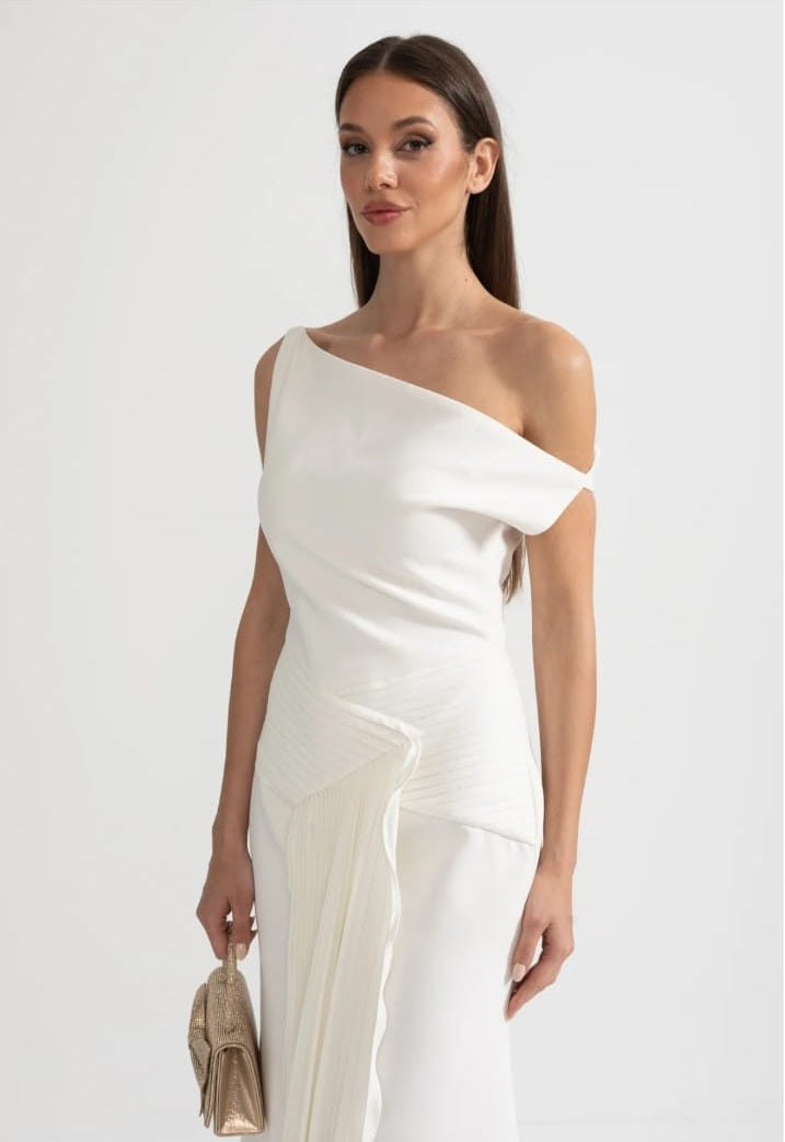 Off-Shoulder Midi Dress With Pleated Waist Detailing - White