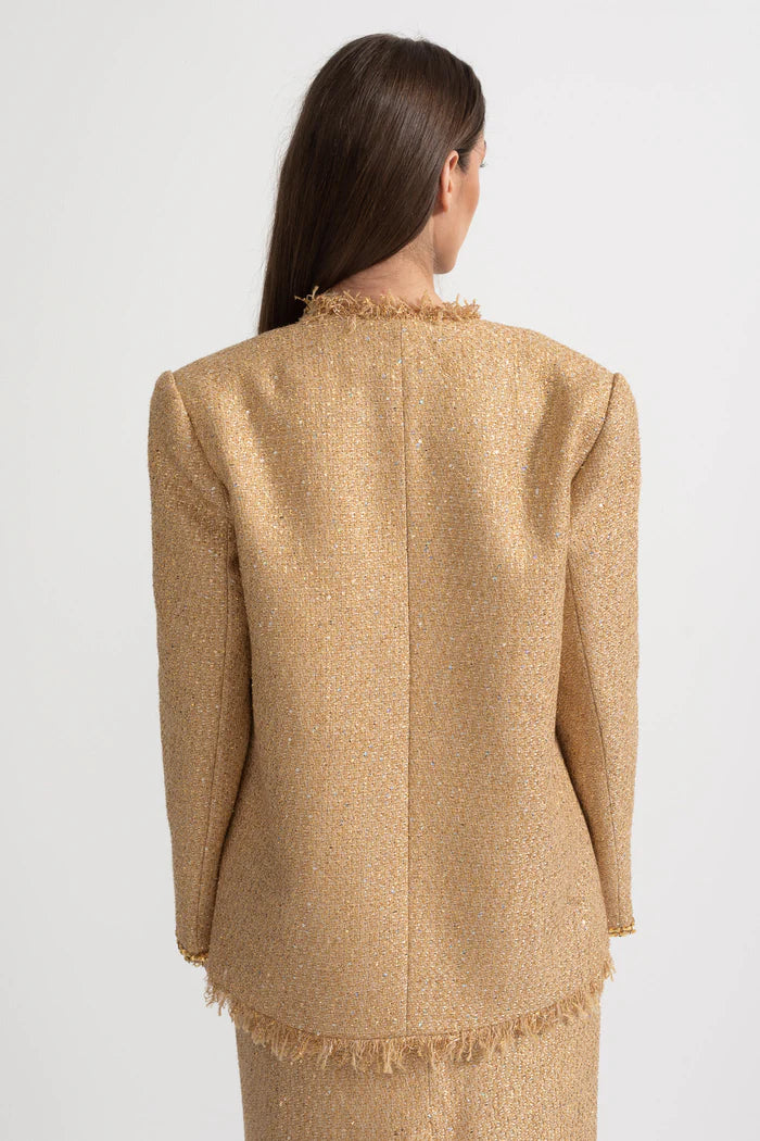 Textured Tweed Overcoat With Intricate Sequin Embellishments And Fringe Trim Accents - Gold