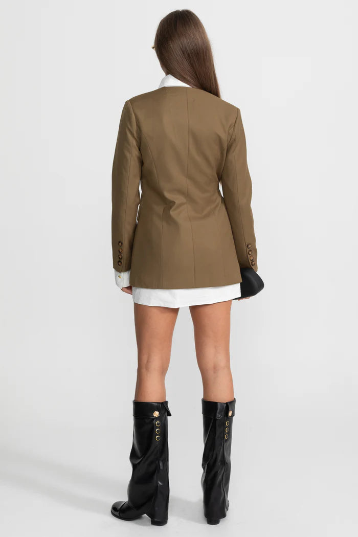 Asymmetric Structured Blazer With Side Buckle Detail – Olive