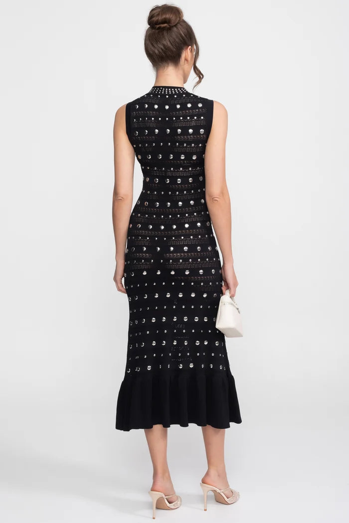 Embellished Knit Midi Dress With High Neck And Ruffle Hem - Black