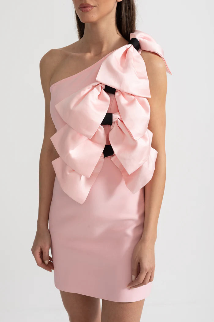 One-Shoulder Mini Dress with Oversized Bow Detailing - Pink