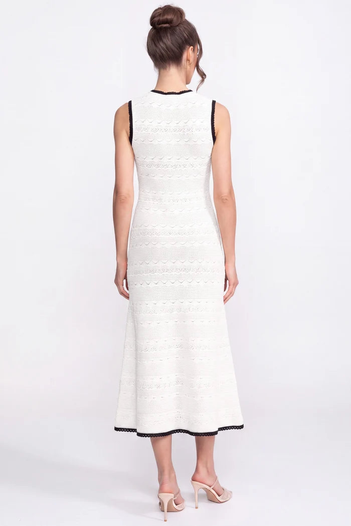 Crochet Knit Midi Dress With Black Trim And Bow - White