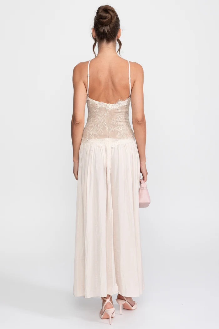 Lace Halter Sleeveless Maxi Dress With Pleated Skirt - Cream
