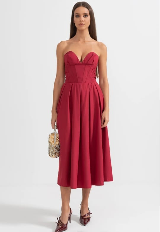 Sophisticated Strapless Midi Dress with Fitted Bodice - Burgundy