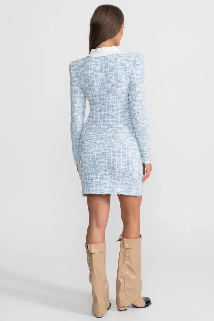 Tweed Mini Dress with Contrast Collar and Bow Embellishments - Light Blue