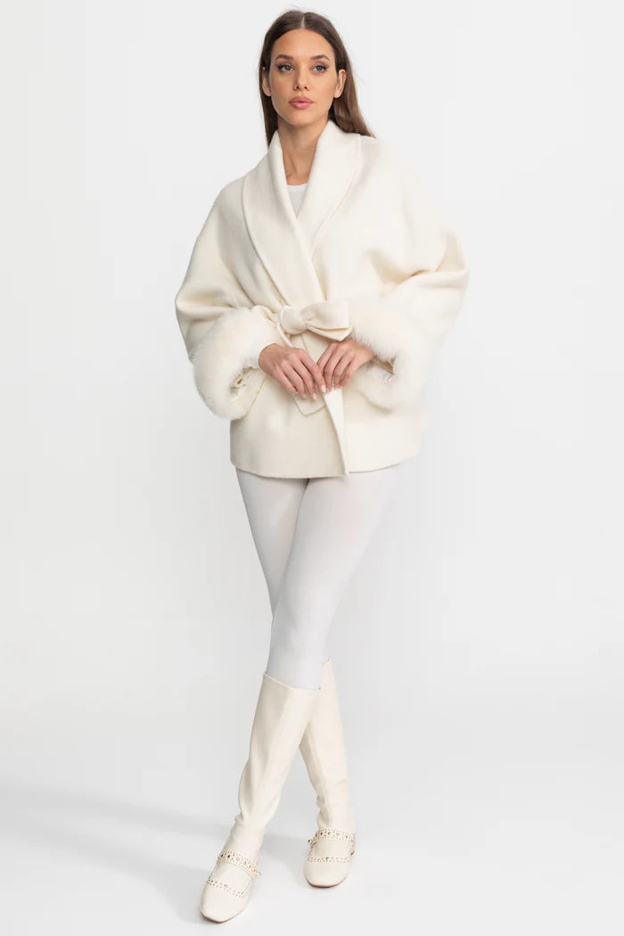 Wool Blend Wrap Jacket with Fox Fur Cuffs - Ivoire