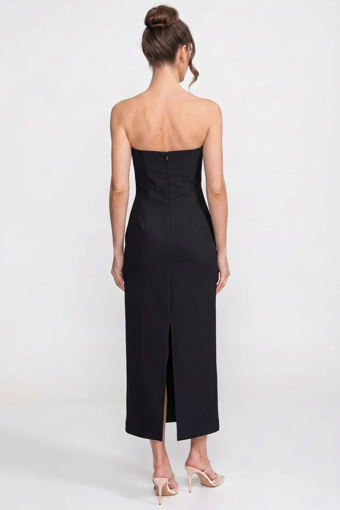 Strapless Floral-Print Midi Dress With Column Silhouette - Black