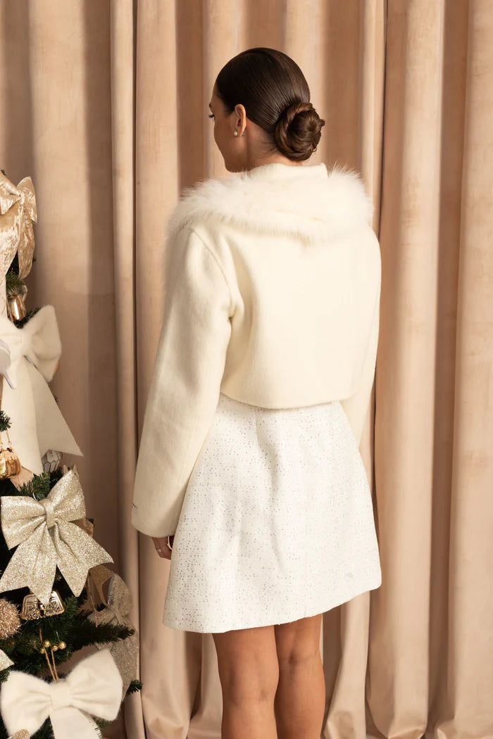 Wool Cropped Jacket with Fox Fur Collar – Ivoire